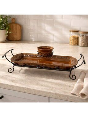 Home and Garden Party Stoneware Collection Serving Tray Bowl Metal Stand Set